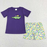 BSSO0410 Embroidery Mardi Gras Crocodile Purple Boy Shorts Set