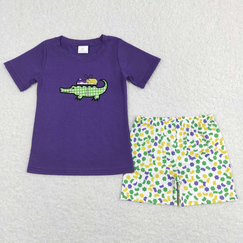 BSSO0410 Embroidery Mardi Gras Crocodile Purple Boy Shorts Set