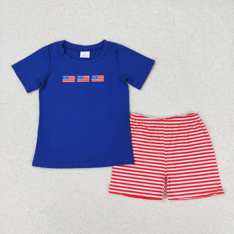 BSSO0434 Embroidery July 4th Flag Blue Boys Shorts Set