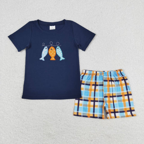 BSSO0465 Embroidery Fish Plaid Boys Shorts Set