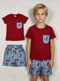 BSSO0519 4th of July USA Flag Dinosaur Boys Shorts Set