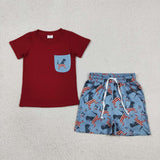 BSSO0519 4th of July USA Flag Dinosaur Boys Shorts Set