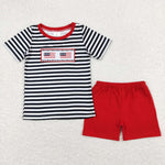 BSSO0565 Embroidery Stripe Flag Red Boys Shorts Set