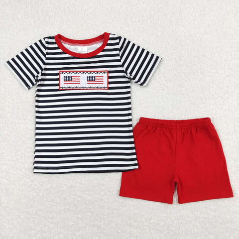 BSSO0565 Embroidery Stripe Flag Red Boys Shorts Set