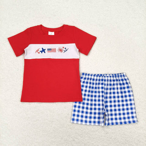BSSO0584 Embroidery 4th of July USA Flag Boys Shorts Set