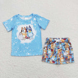 BSSO0599 Cartoon Blue Dog Boys Shorts Set
