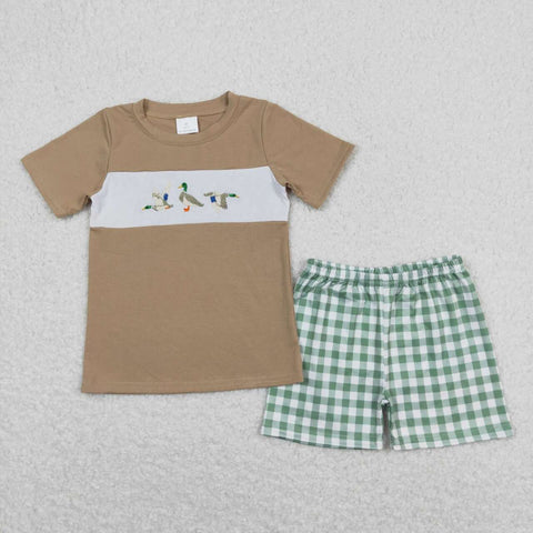 BSSO0608 Embroidery Duck Green Plaid Boys Shorts Set