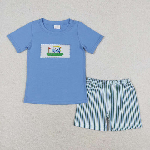 BSSO0616 Embroidery Golf Blue Boys Shorts Set