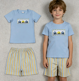 BSSO0617 Embroidery Car Sky Blue Boys Shorts Set