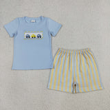 BSSO0617 Embroidery Car Sky Blue Boys Shorts Set