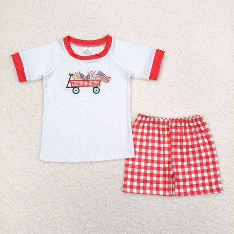 BSSO0618 Embroidery American flag Red Plaid Girls 2 pcs Set