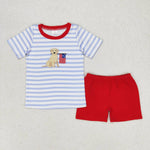 Embroidery USA Flag Dog Boy Pajamas Set