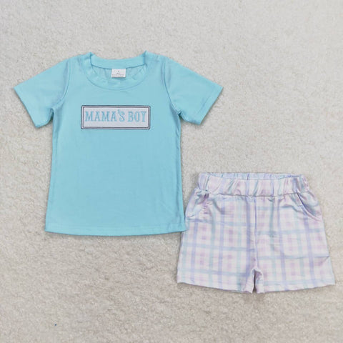 BSSO0624 Embroidery MAMA'S BOY Green Plaid Boys Shorts Set