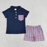 BSSO0628 Red Blue Plaid Boys Shorts Set