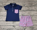 BSSO0628 Red Blue Plaid Boys Shorts Set
