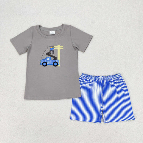 BSSO0631 Embroidery Electronic Blue Stripe Boys Shorts Pajamas Set