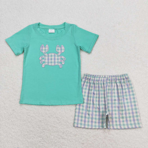 BSSO0638 Embroidery Green Crab Plaid Boys Shorts Pajamas Set