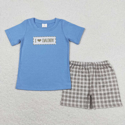 BSSO0640 Embroidery Plaid Blue Boys Shorts Pajamas Set