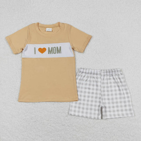 BSSO0646 Embroidery I LOVE MOM Plaid Boys Shorts Set