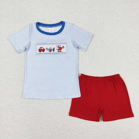 SSO0649 Embroidery Airplane Car Red Boys Shorts Set