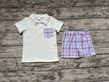 BSSO0651 Blue Plaid Boys Shorts Set