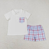 BSSO0651 Blue Plaid Boys Shorts Set