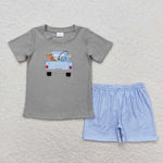 BSSO0664 Embroidery Dog Car Blue Stripe Boys Shorts Set