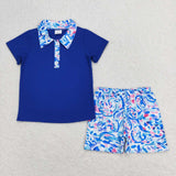 BSSO0673 Garden Flower Print Blue Boys Shorts Set