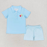 BSSO0683 Cartoon Mouse Blue Plaid Boys Shorts Set