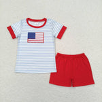 BSSO0684 Embroidery USA Flag Blue Plaid Boys Shorts Set