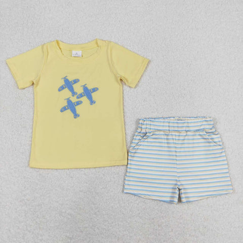 BSSO0696 Embroidery Airplane Stripe Boys Shorts Set