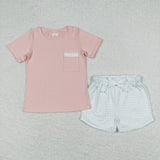 BSSO0698 Pink Plaid Pocket Boys Shorts Set