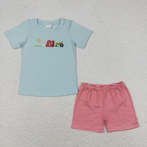 BSSO0702 Embroidery Farm Stripe Boys Shorts Set