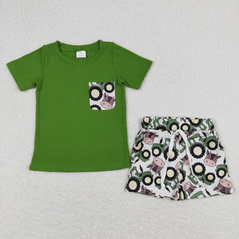 BSSO0703 Truck Cow Green Boys Shorts Set