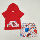 BSSO0704 Baseball Red Hoodie Boys Shorts Set