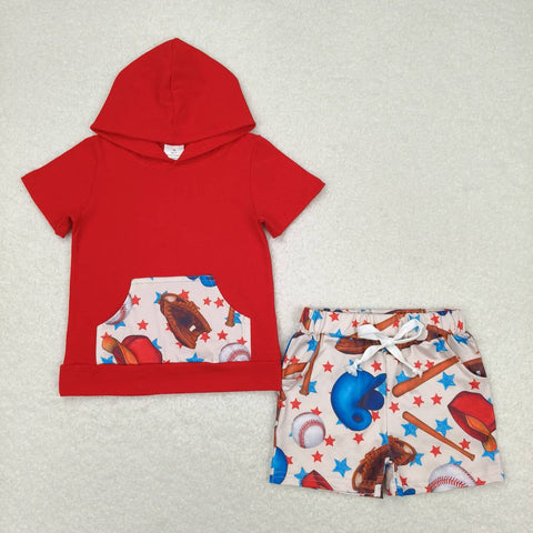 BSSO0704 Baseball Red Hoodie Boys Shorts Set
