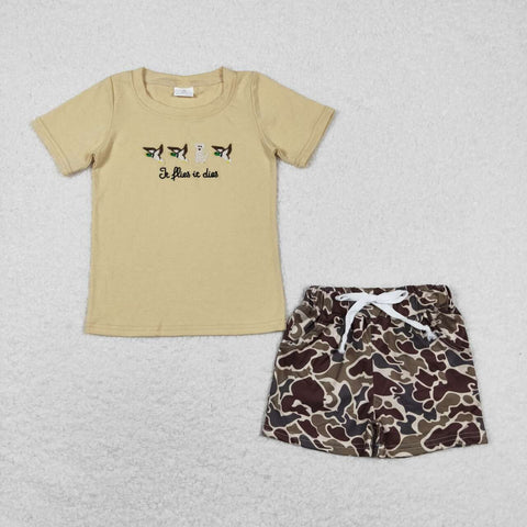 BSSO0711 Embroidery Mallard Dog Camo Boys Shorts Set