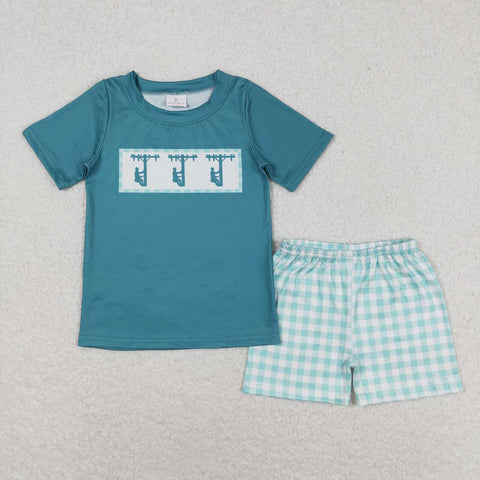 BSSO0738 Lineman Green Plaid Boys Shorts Set