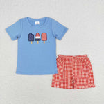 BSSO0744 Embroidery Popsicle Red Plaid Boys Shorts Set
