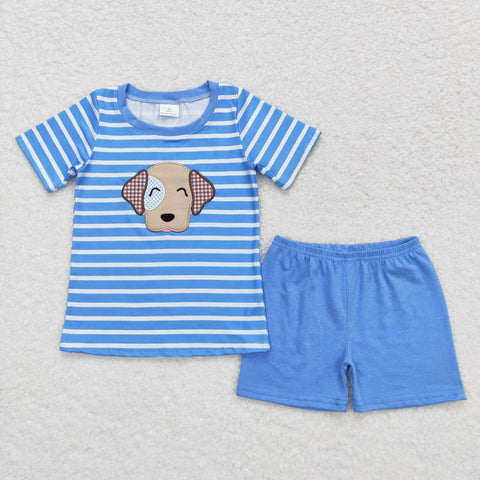 BSSO0746 Embroidery Dog Blue Stripe Boys Shorts Set