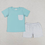 BSSO0799 Blue Plaid Boys Shorts Set