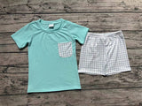 BSSO0799 Blue Plaid Boys Shorts Set