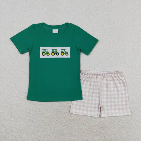 BSSO0809 Embroidery Truck Green Boys Shorts Set