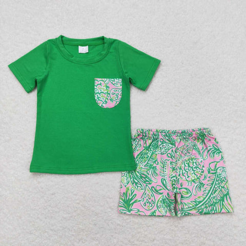 BSSO0839 Summer Garden Flower Green Boys Shorts Set