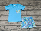 BSSO0840 Summer Garden Flower Blue Boys Shorts Set