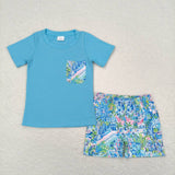 BSSO0840 Summer Garden Flower Blue Boys Shorts Set