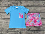 BSSO0841 Summer Garden Flower Blue Pink Boys Shorts Set