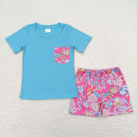 BSSO0841 Summer Garden Flower Blue Pink Boys Shorts Set