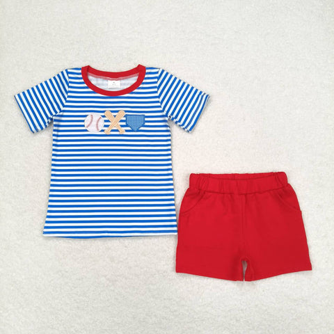 BSSO0844 Embroidery Baseball Stripe Red Boys Shorts Set