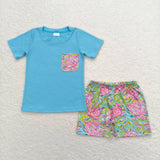 BSSO0846 Summer Garden Flower Blue Pink Boys Shorts Set